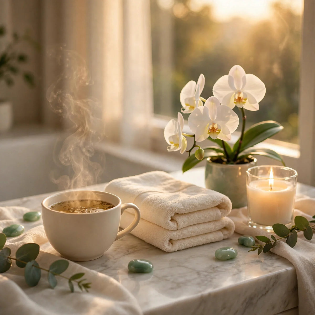 Rituel beauté complet : tasse de thé fumante, serviettes, orchidée et bougie