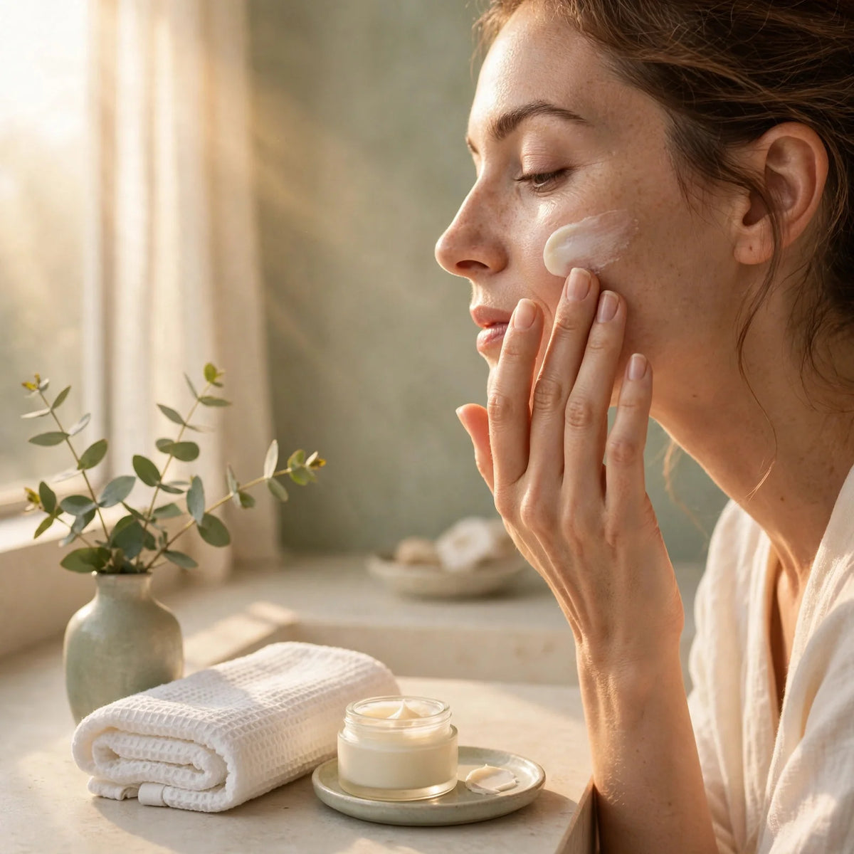 Rituel beauté du matin dans une salle de bain lumineuse