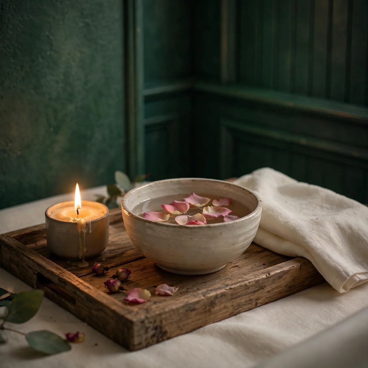 Rituel beauté du soir, bougie et bol d'eau aux pétales de rose