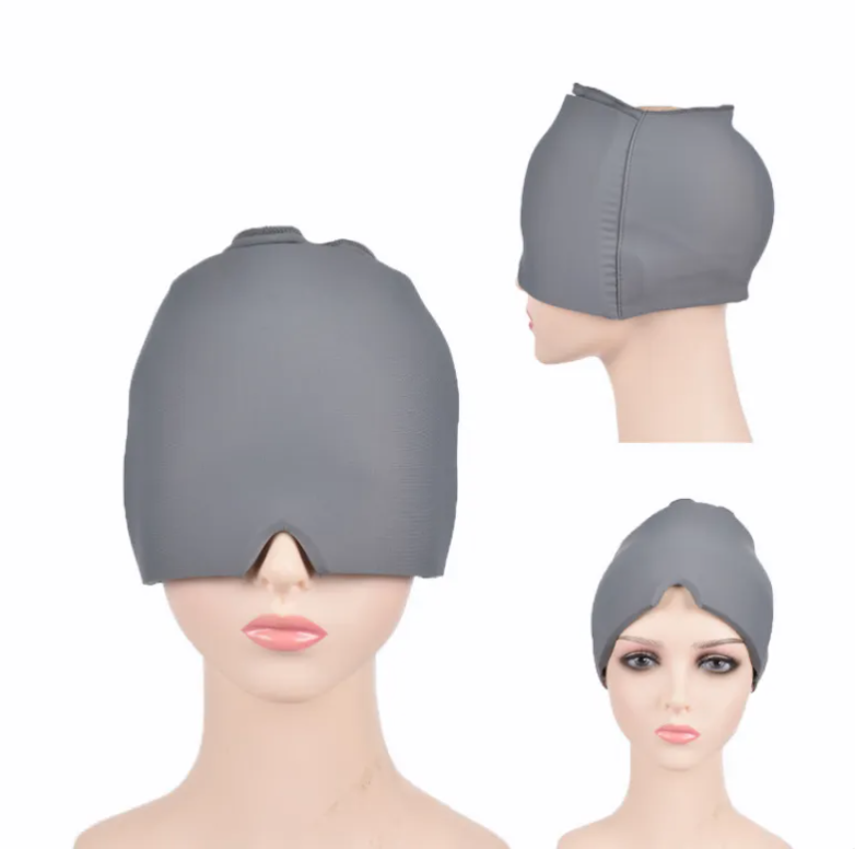 Bonnet en gel Cocon Détente gris présenté sur mannequin, trois vues