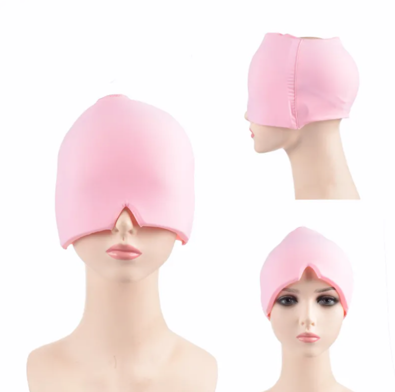 Bonnet en gel Cocon Détente rose sur mannequin, trois vues
