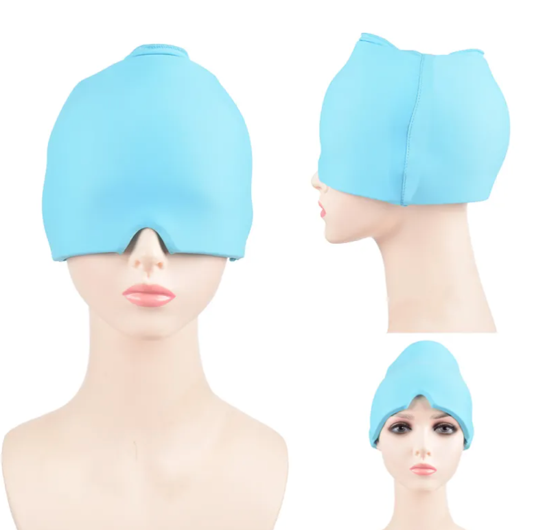 Bonnet en gel Cocon Détente bleu présenté sur mannequin, trois vues