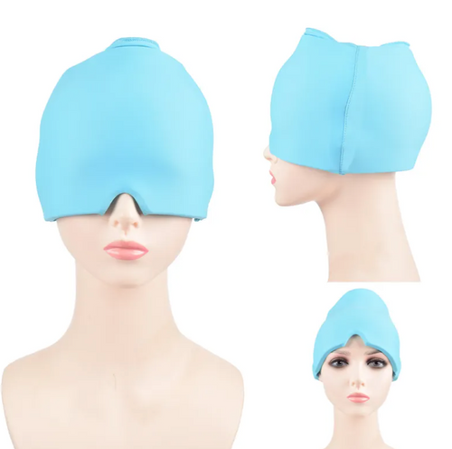 Bonnet en gel Cocon Détente bleu présenté sur mannequin, trois vues